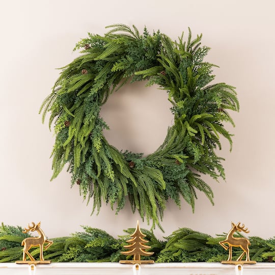 Glitzhome® 25.75" Christmas Greenery Mixed PE Wreath with Pinecones